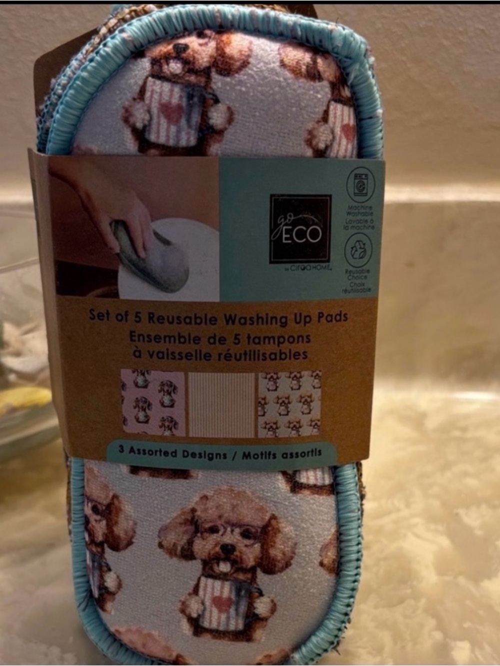 goECO Reusable Dog-Print Washing Up Pads - Blue (Set of 5)